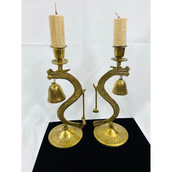 Pair of MCM Brass Dragon Candlesticks with Bell & Mallet: Asian Serpent Decor - Picture 9 of 9